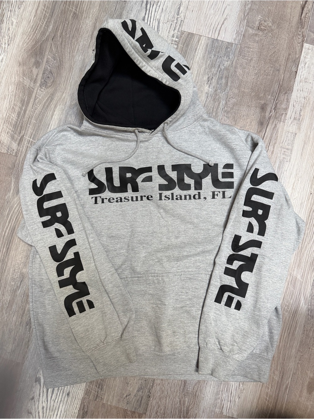 surf style Gray Pullover Hoodie with Black Logo